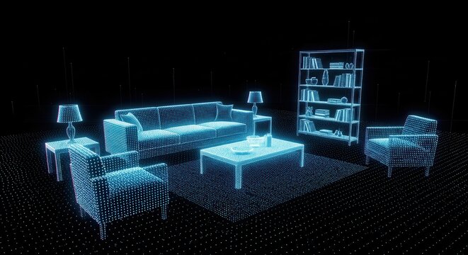 a digital point cloud visualization of a living room