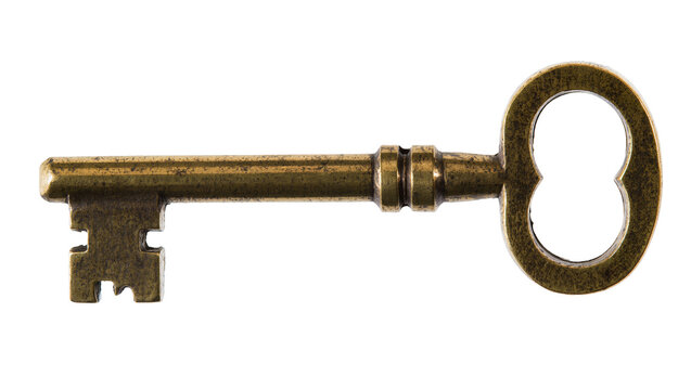 Antique brass skeleton key with ornate bow, isolated on transparent background