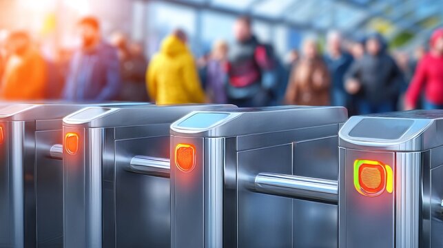 Modern Turnstiles at Busy Checkpoint with Crowded Background Scene