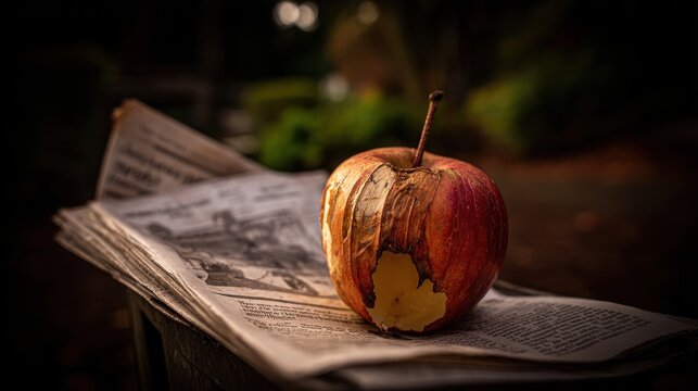 Bruised Apple Core Rests on Folded Newspaper Pages Outdoors