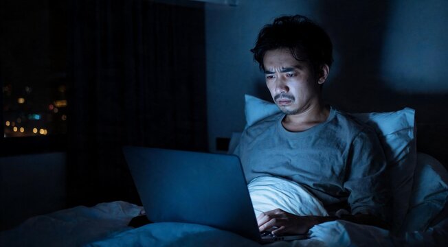 Tired man working on laptop in bed before sleeping