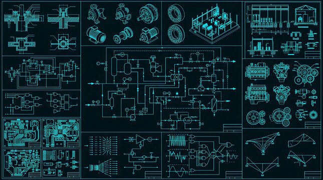 Engineering Dashboard Systems Blueprint Technical Drawing Vector Set Multi View Cyan Outline on Black Background