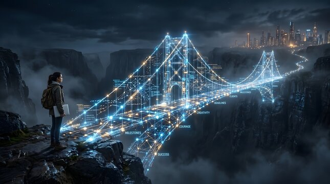 Young professional woman looking at glowing digital bridge connecting mountains toward distant city representing career milestones success courage creativity and strategic path to future goals.