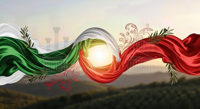 Italian Republic Day celebration, vibrant flowing fabric flag symbol of Italy, with olive branch and classical architectural elements, commemorates June second event.