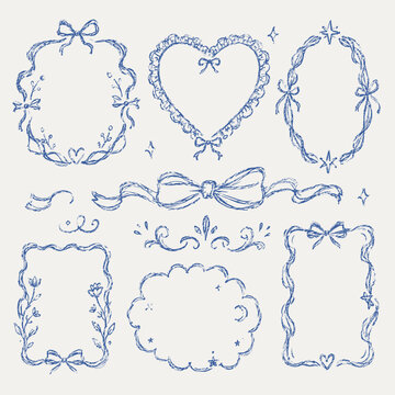 Blue Crayon Scribble Frame Set in Naive Artstyle with Preppy Coquette Bows and Heart Borders