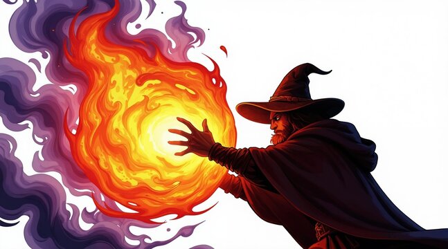 Wizard with beard in pointed hat casts fire spell. Energy ball explodes with smoke. Magic power blast, fantasy combat scene, isolated on white.