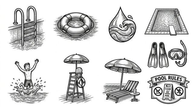 Collection of Summer Pool Activities and Accessories Hand Drawn Sketch.