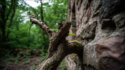 Fototapeta premium Gnarled Tree Branch with Lichen Growth Against Textured Stone Wall
