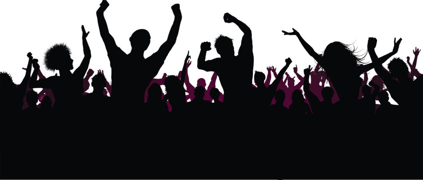 Crowd cheering silhouette of people celebrating victory at stadium for sports event background featuring excited fans with hands raised high and joyful expressions of winning.