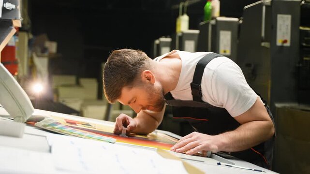 Professional graphic designer comparing colors at printing plant