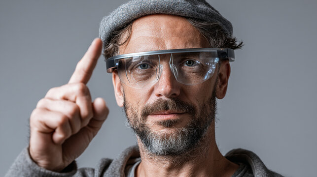 Portrait of a bearded man wearing safety glasses and a flat cap pointing