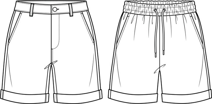 Casual Shorts Technical Fashion Sketch Vector Template with Elastic Drawstring and Belt Loop Waistbands for Apparel Tech Pack Designs
