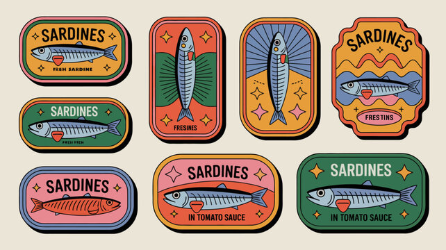 colorful sardine can labels with fish illustrations vintage style retro design