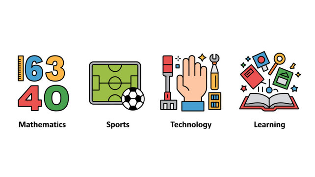 Four colorful education icons on a white background representing mathematics sports technology and learning
