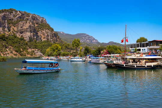 Boats at Dalyan river in Dalyan town, Turkey