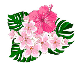Tropical bouquet of pink hibiscus, plumeria flowers and tropical leaves. Hand drawn floral arrangement for wedding invitations, greeting cards and textiles. Isolated on white background © YustasArt