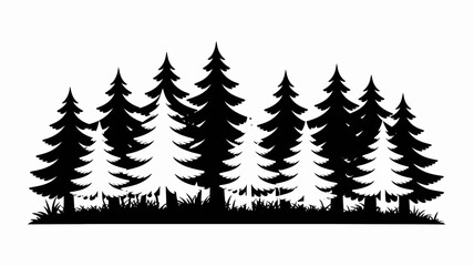 Black and white silhouette of coniferous trees and grass against a white background © Ultimate