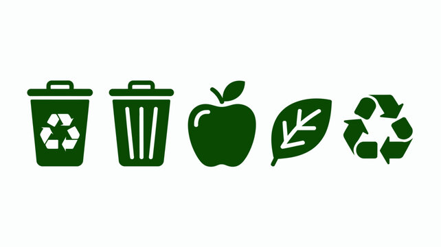 Recycling and compost icons set green flat symbols on a white background