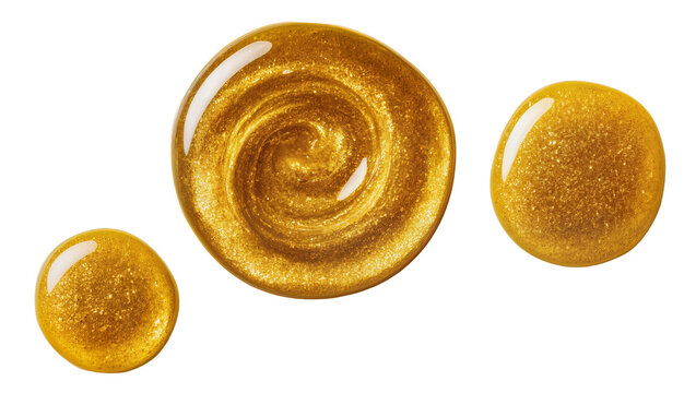 Three golden glitter liquid drops with swirling patterns, isolated on transparent background