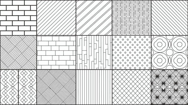 Geometric pattern collection with varied linear designs black and white illustration