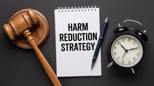 Harm Reduction Strategy text on a notebook with a judge's gavel, pen, and alarm clock on a dark background.