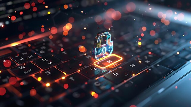 Digital padlock icon glows on a laptop keyboard surrounded by floating particles representing cybersecurity threats.
