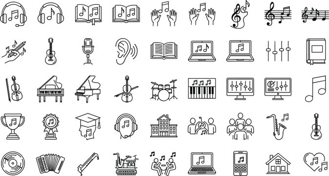Music Education Performance And Instrumental Entertainment Outline Vector Icon Collection For Creative Audio Projects