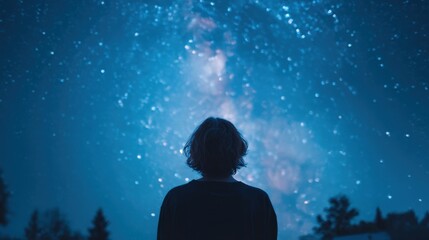 Fototapeta premium Person silhouetted against a vast, star-filled night sky, looking up at the Milky Way galaxy