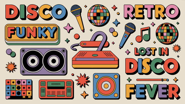 retro disco themed illustration with speakers microphones and cassette tapes on a colorful background