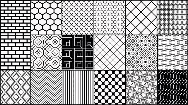 Geometric pattern collection black and white line art tile designs with varied shapes