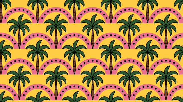 Tropical palm tree pattern with pink polka dots on a yellow background seamless repeat