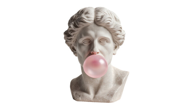 Marble bust of a woman with a pink bubblegum bubble, isolated on transparent background