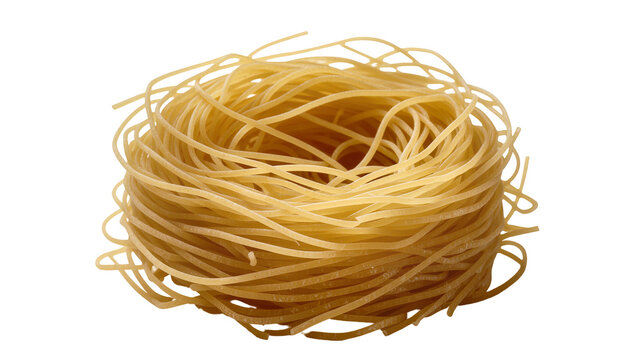 Golden nest of uncooked angel hair pasta, isolated on transparent background