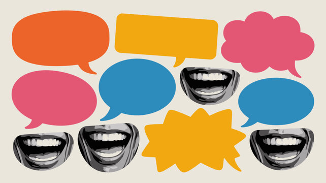 Collage of smiling mouths and colorful speech bubbles on a beige background