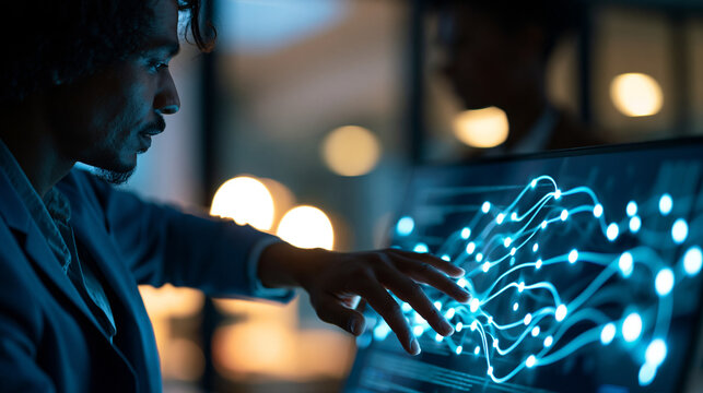 A silhouetted businessman figure uses a glowing softly defocused AI agent with soft coding flow nodes on a bright screen in a calm office workflow automation faceless