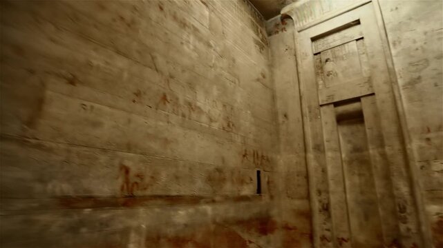 Mastaba of Ti at Saqqara, Egypt, with faded painted red relief scenes of daily life, false door stele and carved hieroglyphic registers on limestone walls.