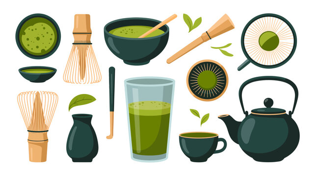 matcha tea set illustration with whisk bowl and teapot on a white background