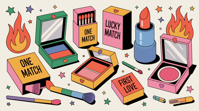colorful illustration of makeup products and matchboxes with whimsical star and flame accents