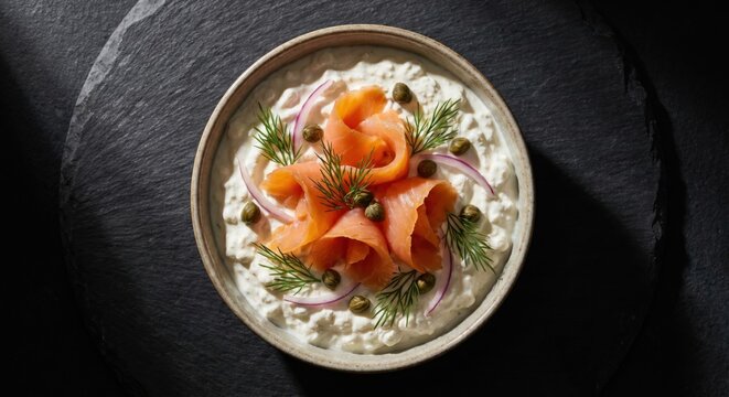 Smoked salmon cottage cheese bowl with dill and capers
