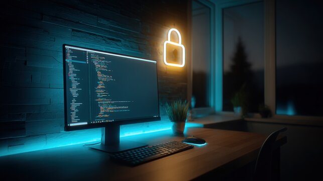 Modern computer setup with glowing lock icon and lines of code on screen, symbolizing cybersecurity and programming