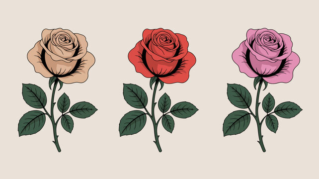 Three roses with stems and leaves colorful floral illustration on a beige background