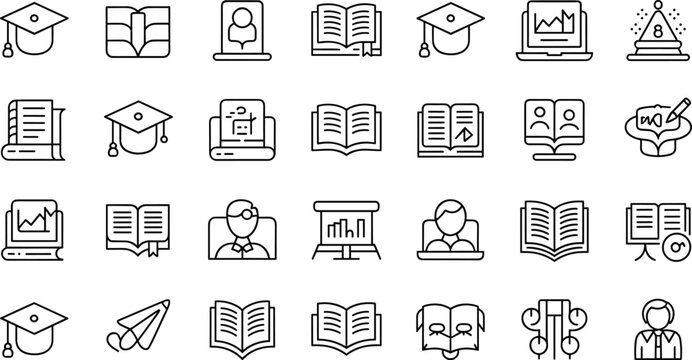 Minimal education outline icon vector collection with online learning and academic symbols isolated on white background