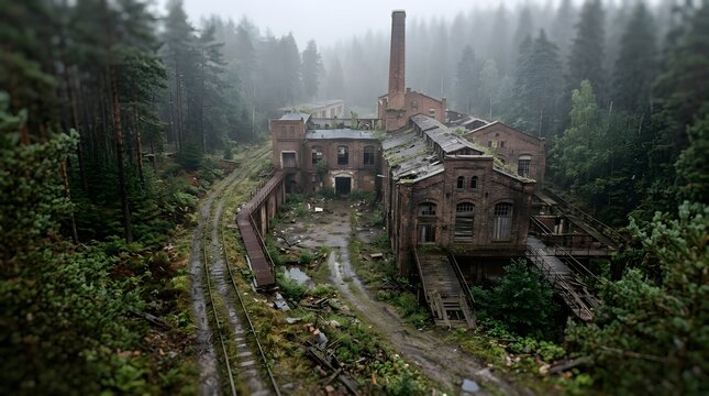 Abandoned Factory Train Tracks in Moody Forest Fog