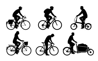 Obraz premium Silhouettes of people riding bicycles in various positions and styles