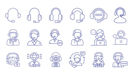 Fototapeta premium Modern Customer Support and Call Center Line Icons Set with Headset Operators, Online Help Desk, Technical Assistance, Communication Service and 24 Hour Support Vector Illustration