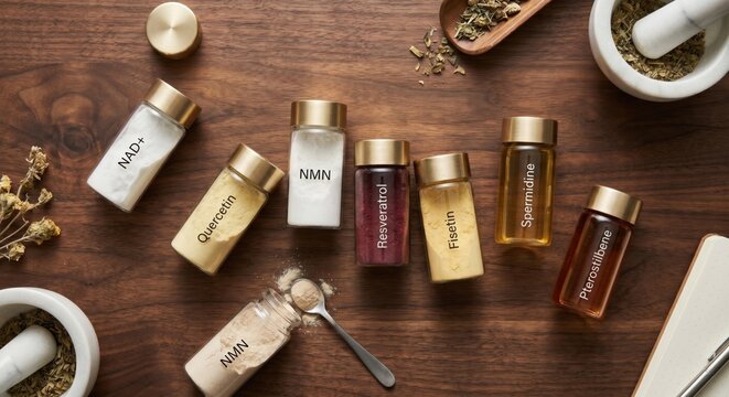 Longevity supplements and anti-aging powders on wood surface