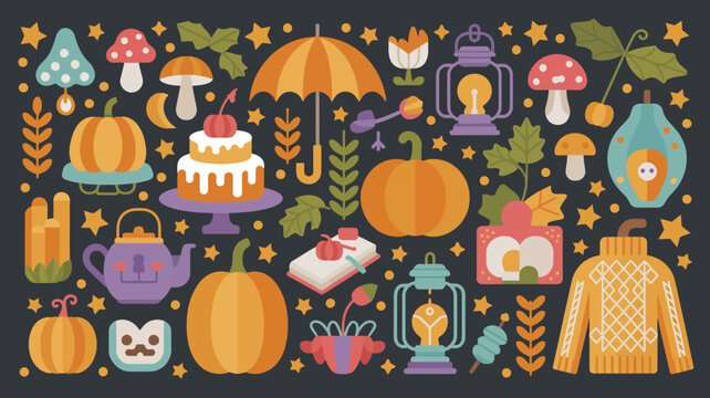 autumn themed flat illustration with pumpkins mushrooms and seasonal objects on a dark background
