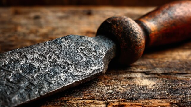 Close up of a handcrafted metal awl with a wooden handle resting on a rustic wooden surface