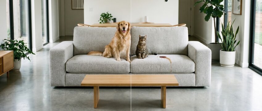 Split screen showing fabric protector effectiveness on pet sofa