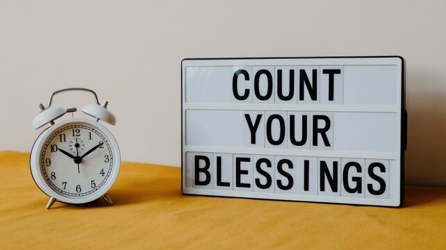 White alarm clock next to a light box sign displaying "COUNT YOUR BLESSINGS" on a light yellow background.